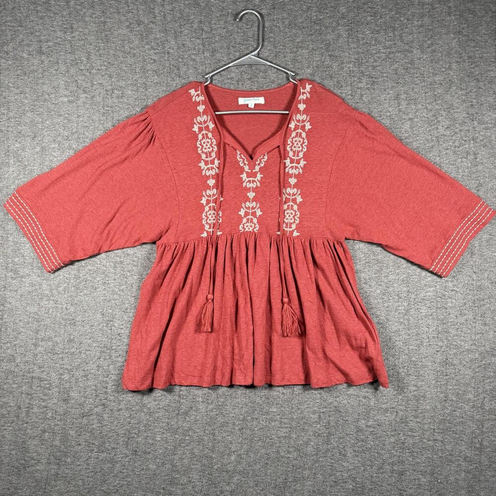 Grace & Lace Womens S Rust Linen Cotton Embroidered BoHo Babydoll Tassell Top